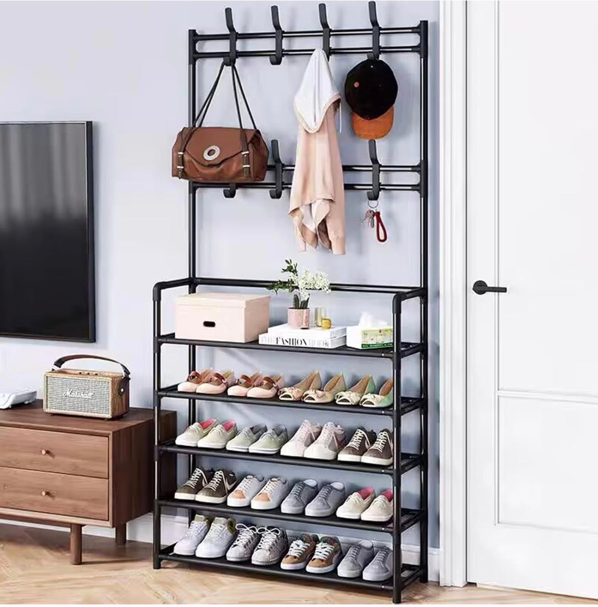 Porte-manteau et étagère à chaussures 5 niveaux - 60x29x170cm - Montage facile sans outils