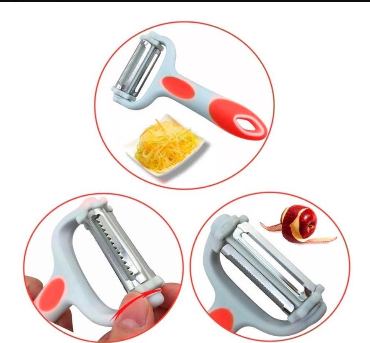 Éplucheur Pivotant 3-en-1 – Multifonction avec Lames Rotatives en Acier Inoxydable