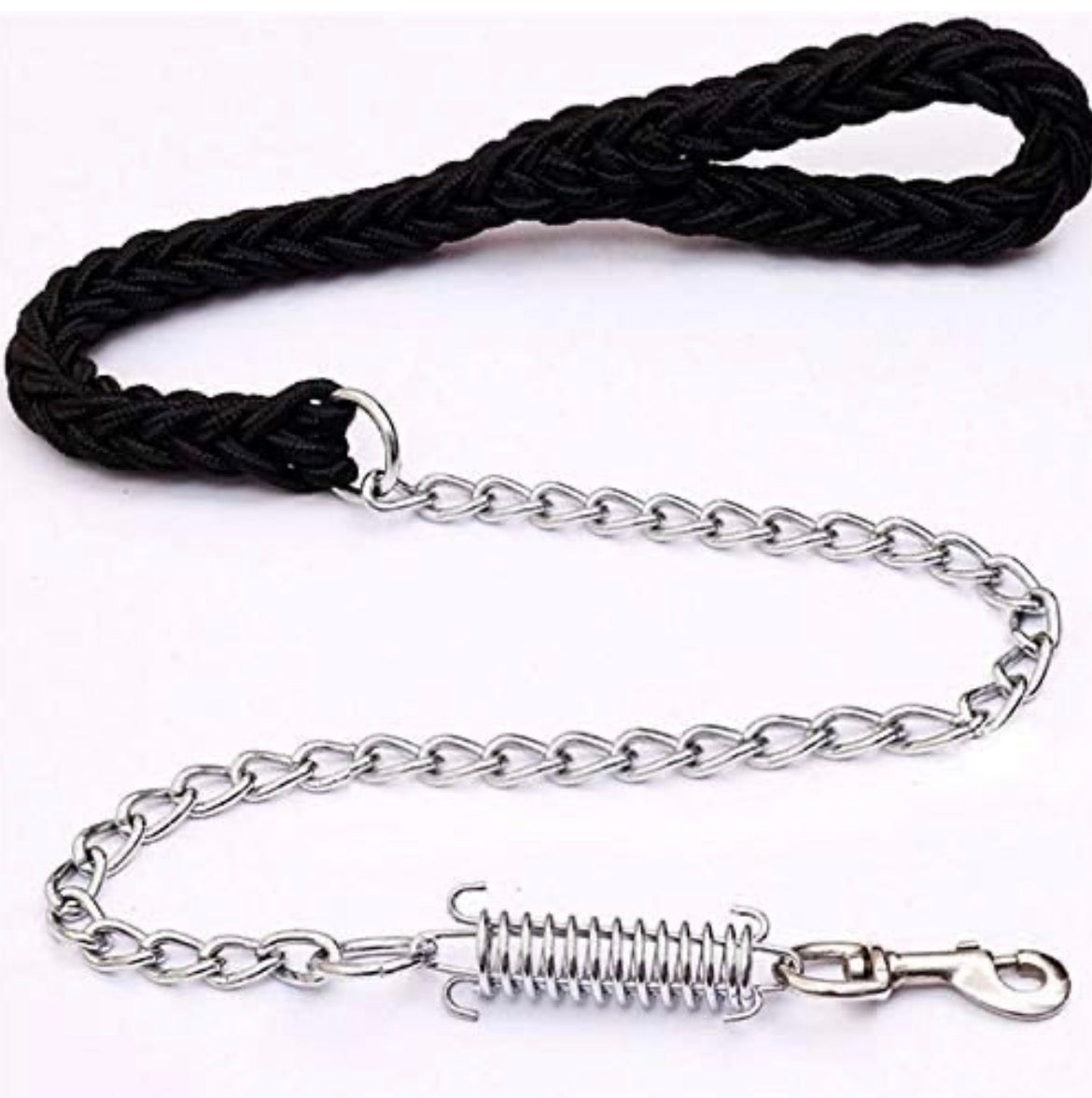 Laisse de Sécurité Haute Résistance - Chaîne en Acier Anti-Morsure avec Ressort Amortisseur et Poignée Tressée Confort