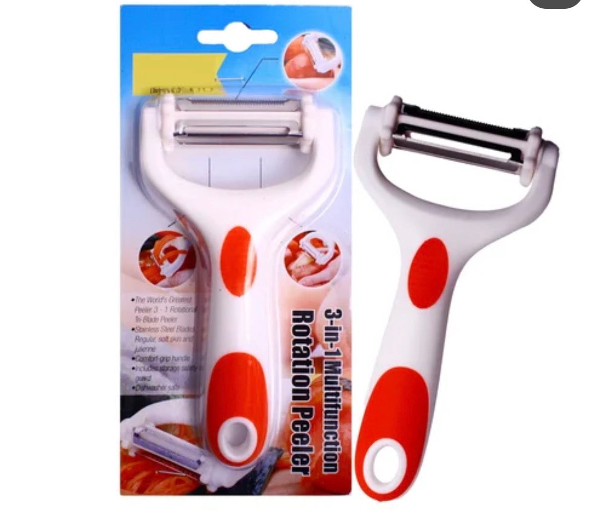 Éplucheur Pivotant 3-en-1 – Multifonction avec Lames Rotatives en Acier Inoxydable