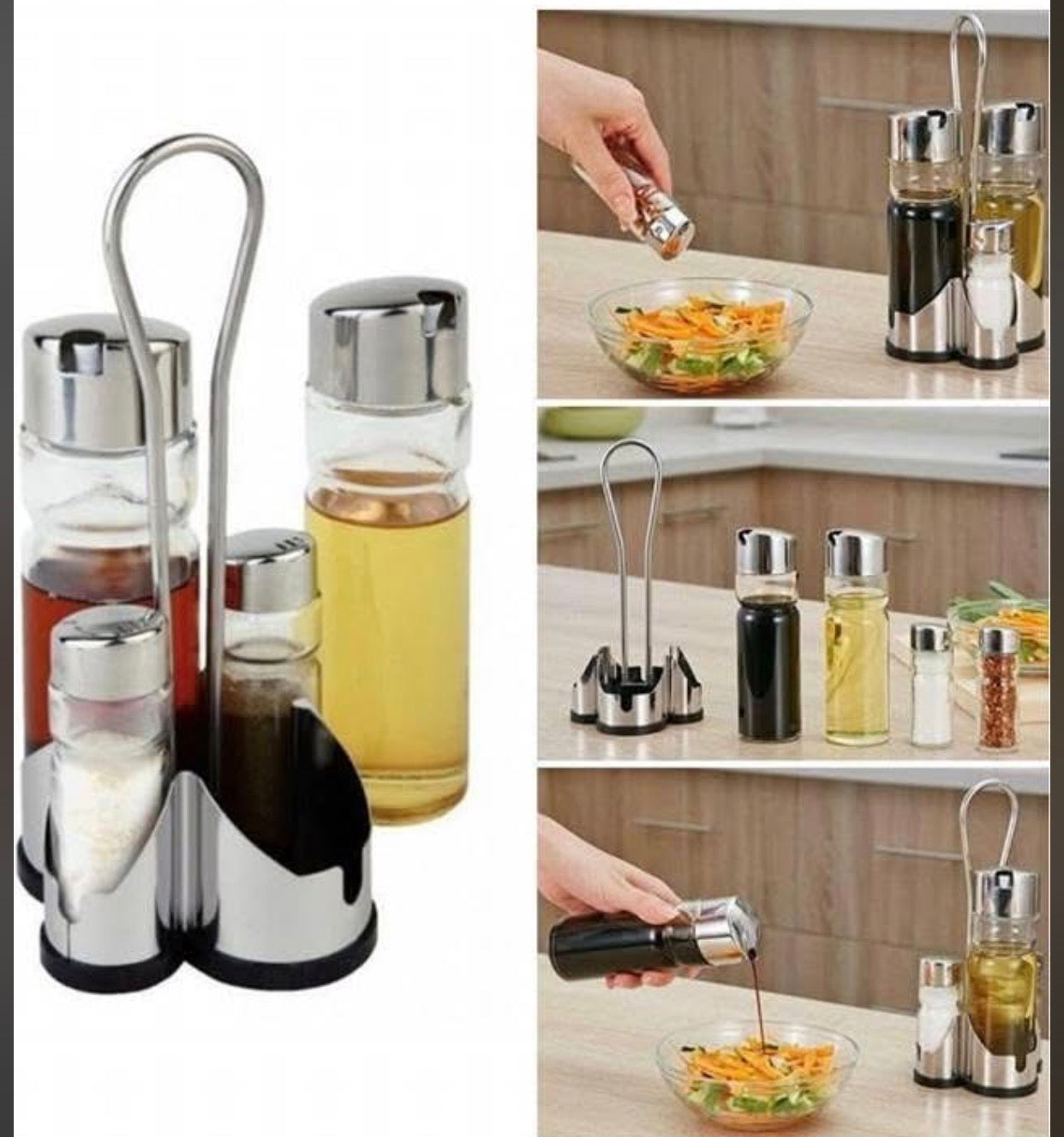 Service à Condiments 4 Pièces avec Support – Huilier, Vinaigrier et Salière/Poivrière